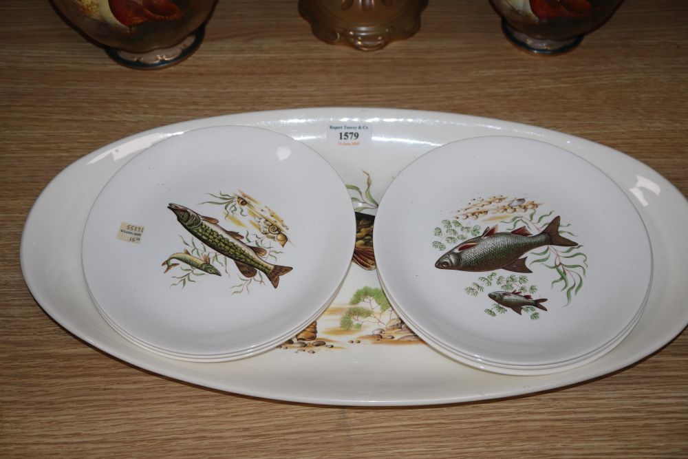 Three Crown Devon vases and a seven Crown Devon fish dishes